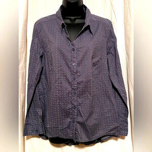 Ulla Popken Button Down Collared Dress Shirt Purple With Mini White Daisies